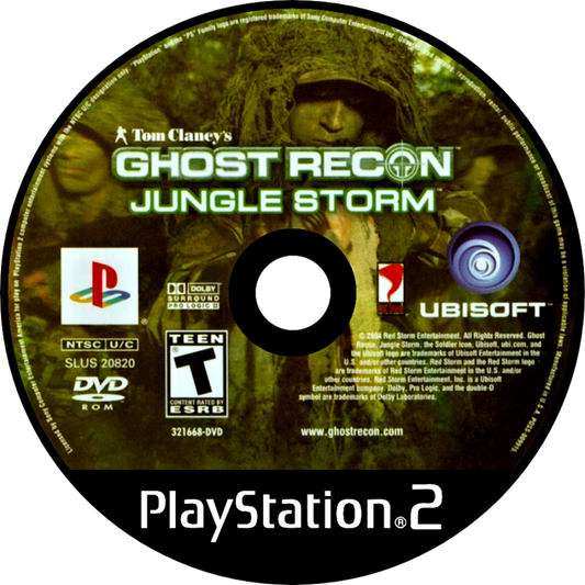 Tom Clancy's Ghost Recon Jungle Storm PlayStation 2 PS2 for tactical military shooter video game fans featuring elite special forces missions stealth based combat squad commands realistic weapons jungle environments strategic planning multiplayer battles immersive military operations collectible gaming appeal disc