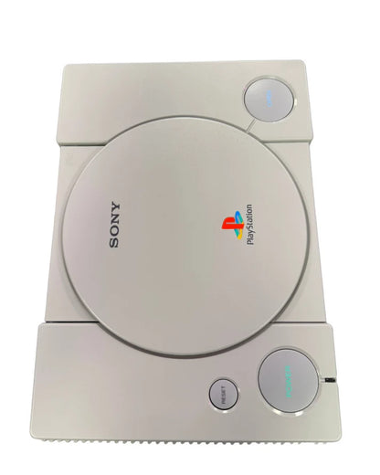 Sony PlayStation console PS1 for retro video game enthusiasts featuring original Sony gaming hardware iconic home entertainment system PlayStation game compatibility memory card support controller ports AV output classic 32 bit gaming collectible gaming appeal front view