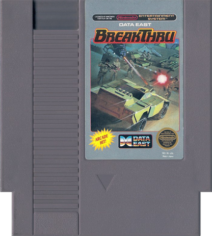 BreakThru Complete in Box CIB Nintendo Entertainment System NES for retro video game enthusiasts featuring side scrolling action shooter gameplay armored vehicle combat strategic platforming challenging enemy forces explosive arcade action complete in box collectible gaming appeal cartridge