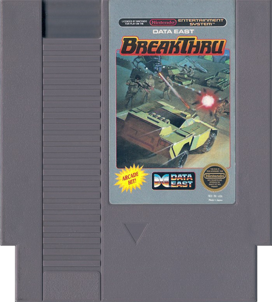 BreakThru Complete in Box CIB Nintendo Entertainment System NES for retro video game enthusiasts featuring side scrolling action shooter gameplay armored vehicle combat strategic platforming challenging enemy forces explosive arcade action complete in box collectible gaming appeal cartridge
