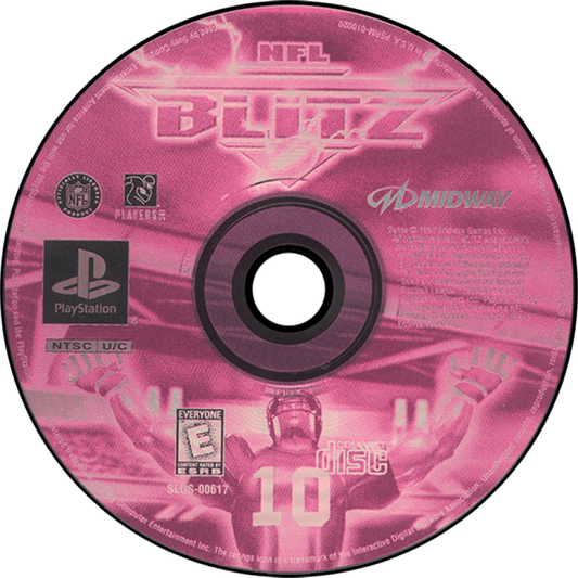 NFL Blitz arcade-style football video game for the original Sony PlayStation (PS1), featuring fast-paced American football action, hard-hitting tackles, powerful plays, exaggerated gameplay, quick matches, and intense multiplayer competition based on the popular NFL Blitz arcade series disc