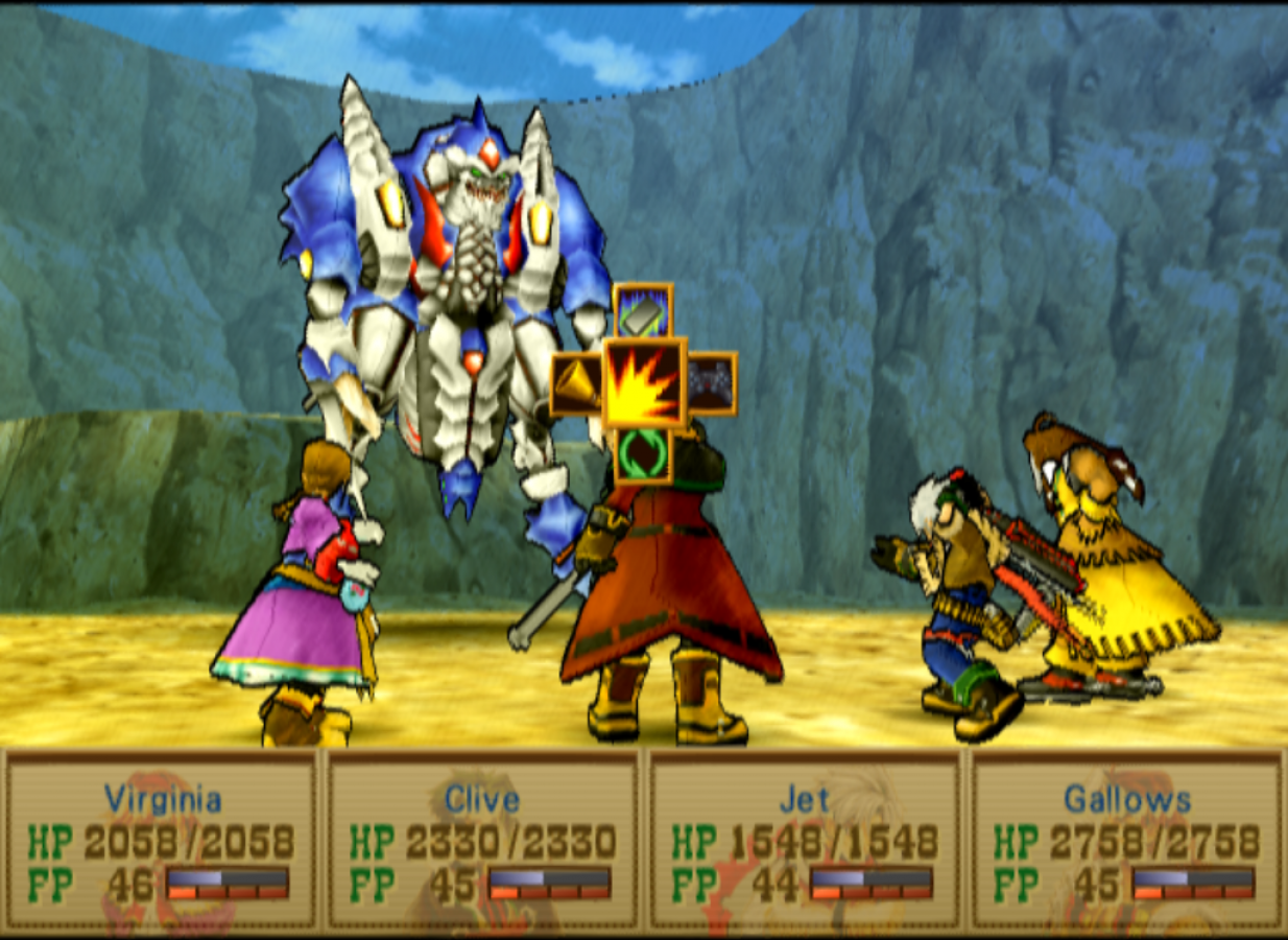 Wild Arms 3 PS2 Sony PlayStation 2 JRPG role playing game cel shaded Western fantasy adventure turn based combat dungeon exploration puzzle solving gunfighter characters story driven gameplay desert world retro gaming PlayStation 2 software video game title gameplay