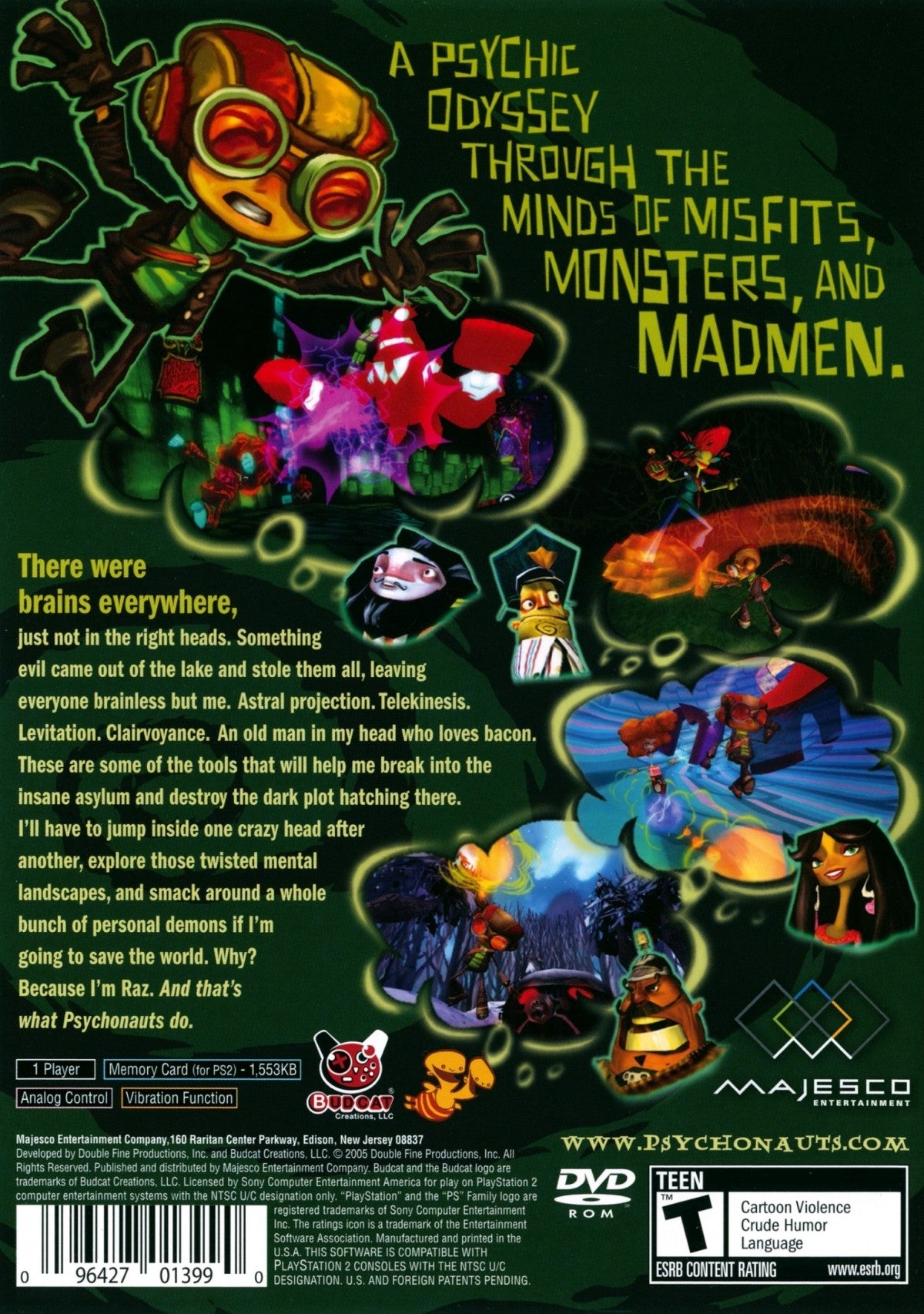 Psychonauts PlayStation 2 PS2 video game featuring action platforming adventure gameplay Raz character psychic abilities mind based environments puzzle solving enemy battles colorful worlds and classic PlayStation 2 gameplay retro video game collection collectible gaming appeal back cover art