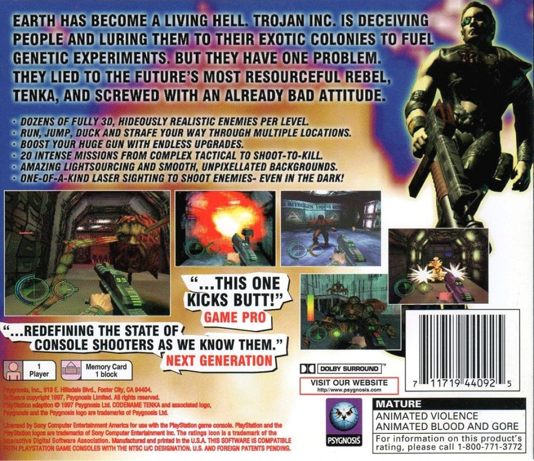 Codename Tenka PS1 PlayStation 1 first person shooter sci fi action game tactical combat futuristic warfare retro video game back of case