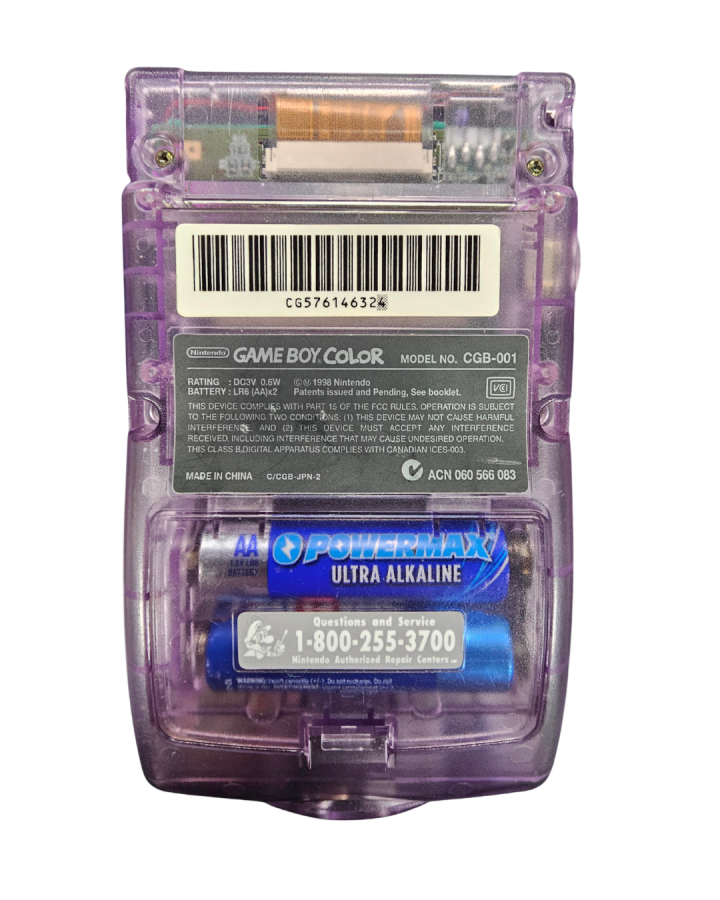 Nintendo Game Boy Color GBC Atomic Purple handheld gaming console featuring upgraded IPS backlit display vibrant translucent purple shell portable retro gaming compatible with Game Boy and Game Boy Color cartridges enhanced screen clarity authentic Nintendo hardware collectible gaming appeal back console