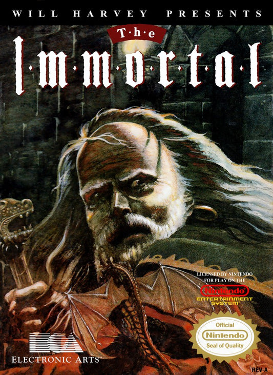 The Immortal NES Nintendo Entertainment System action adventure game isometric dungeon crawler fantasy puzzle solving combat Electronic Arts Will Harvey retro 8 bit gaming cartridge video game title cover art 