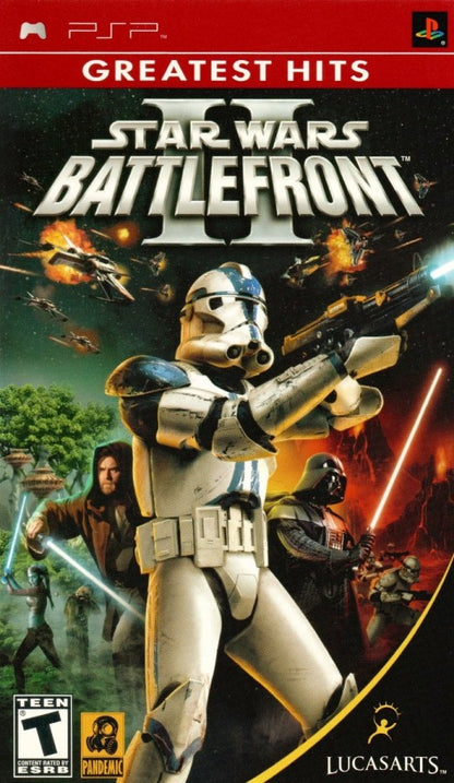 Star Wars Battlefront II PlayStation Portable PSP for retro video game enthusiasts featuring third person shooter gameplay iconic Star Wars battles playable heroes and villains campaign missions space battles multiplayer action classic Star Wars gaming and collectible gaming appeal front cover
