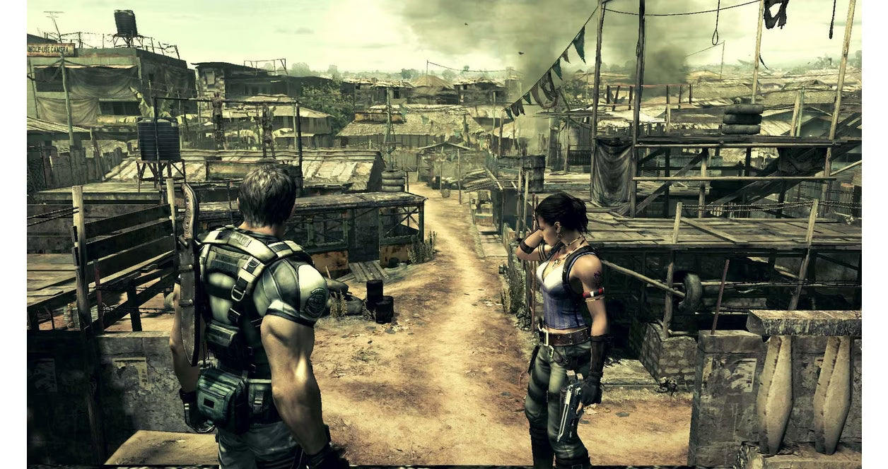 Resident Evil 5 PlayStation 4 game featuring third person action horror gameplay cooperative multiplayer campaign Chris Redfield and Sheva Alomar story intense combat upgraded HD graphics and survival horror experience by Capcom gameplay