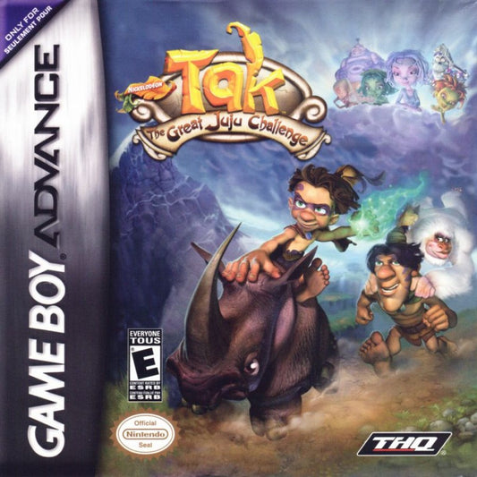 Tak The Great Juju Challenge Game Boy Advance cover art for retro video game featuring platform adventure gameplay magical tribal themed worlds puzzle solving challenges cartoon style visuals quest progression and portable handheld action adventure on the GBA system