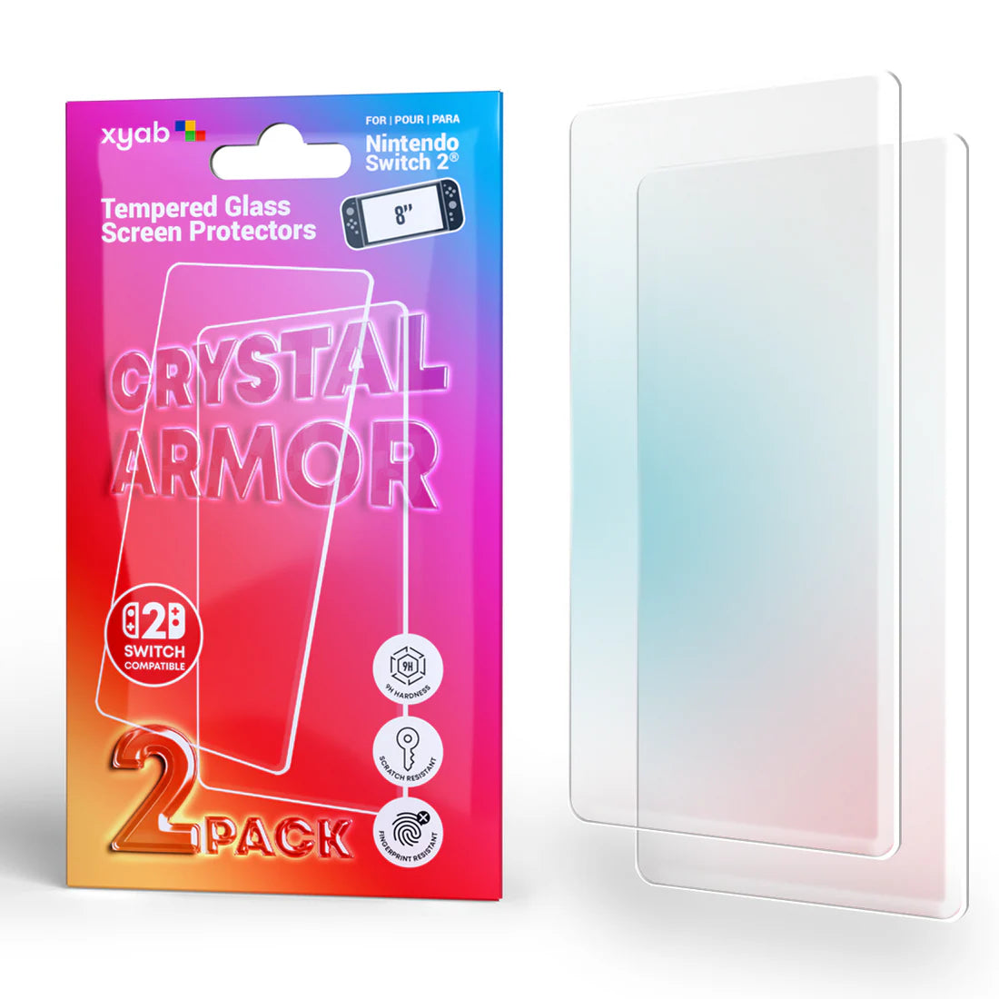 Crystal Armor 2 pack tempered glass screen protector for Nintendo Switch 2 scratch resistant HD clear protective film anti fingerprint bubble free installation durable screen guard for gaming console