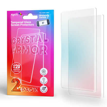Crystal Armor 2 pack tempered glass screen protector for Nintendo Switch 2 scratch resistant HD clear protective film anti fingerprint bubble free installation durable screen guard for gaming console