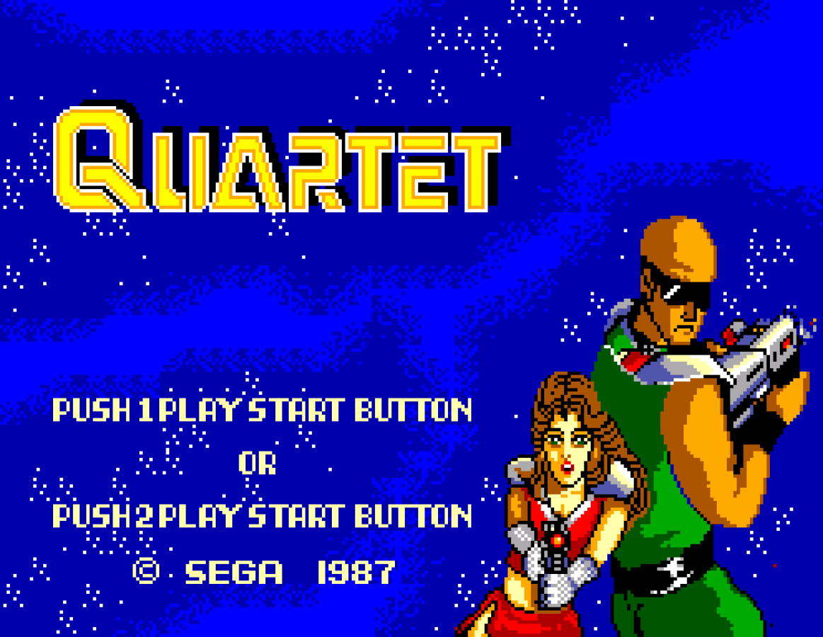 Quartet Sega Master System SMS for arcade action video game fans featuring side scrolling shooting gameplay cooperative multiplayer alien enemies futuristic environments power ups weapon upgrades challenging stages and fast paced classic Sega Master System action collectible retro gaming appeal gameplay