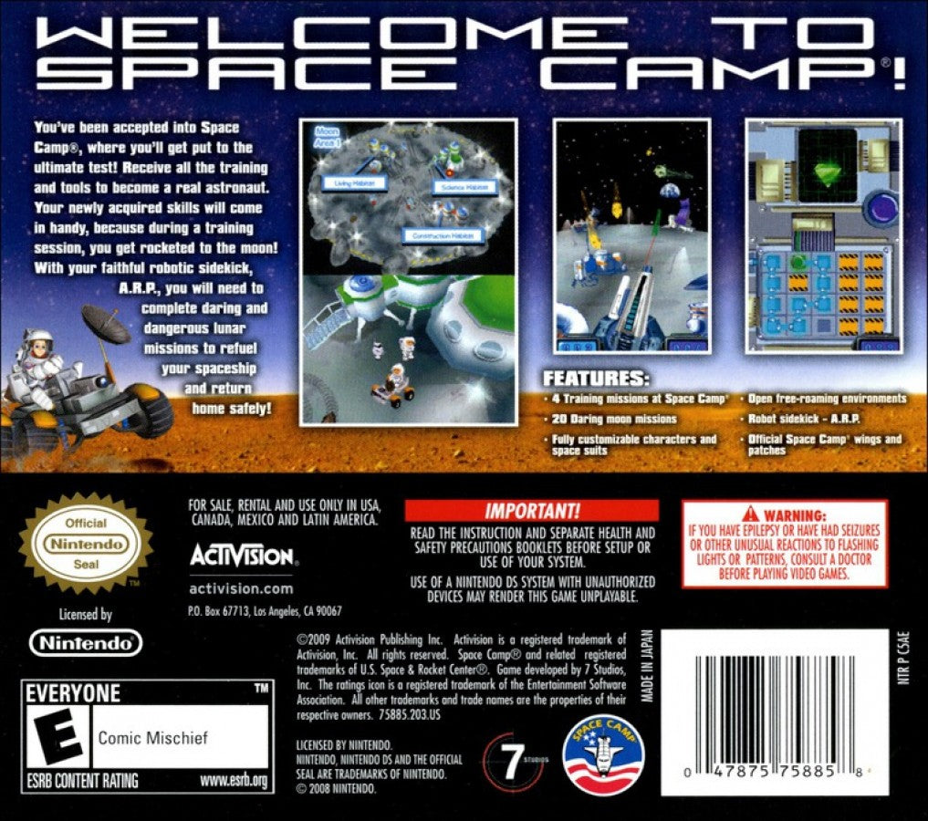 Space Camp adventure simulation back of case for Nintendo DS (DS) video game