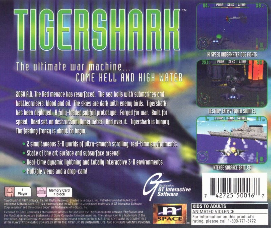 Tiger Shark PlayStation PS1 for action simulation video game fans featuring submarine combat underwater missions naval warfare fast paced shooting military objectives strategic gameplay ocean exploration classic PlayStation action collectible gaming appeal back cover art