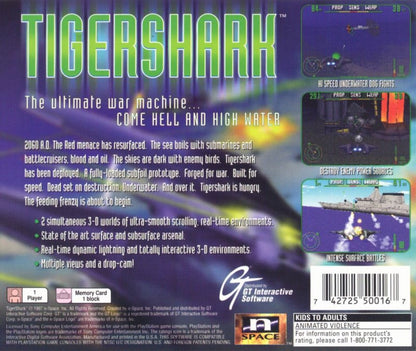 Tiger Shark PlayStation PS1 for action simulation video game fans featuring submarine combat underwater missions naval warfare fast paced shooting military objectives strategic gameplay ocean exploration classic PlayStation action collectible gaming appeal back cover art