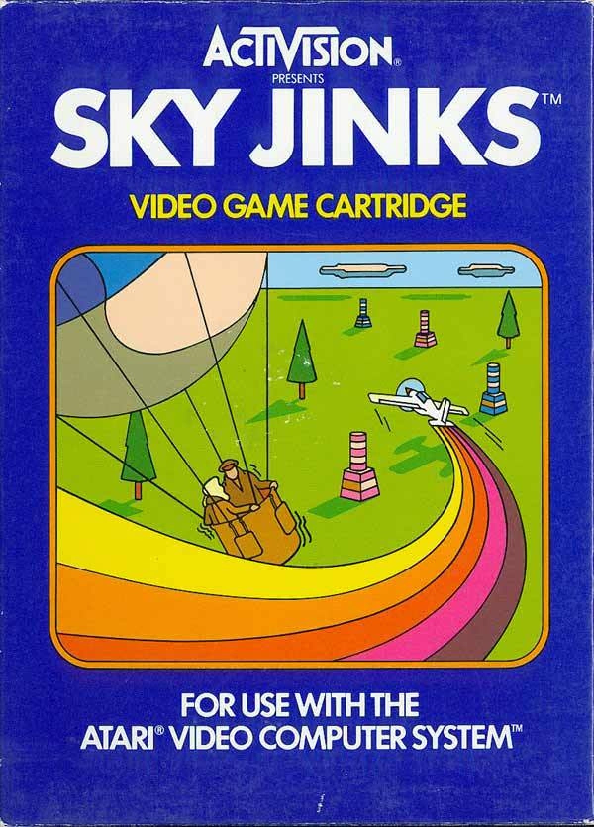 Sky Jinks retro Atari 2600 video game featuring arcade flight racing gameplay, obstacle avoidance, aerial challenges and classic Atari action - cover art