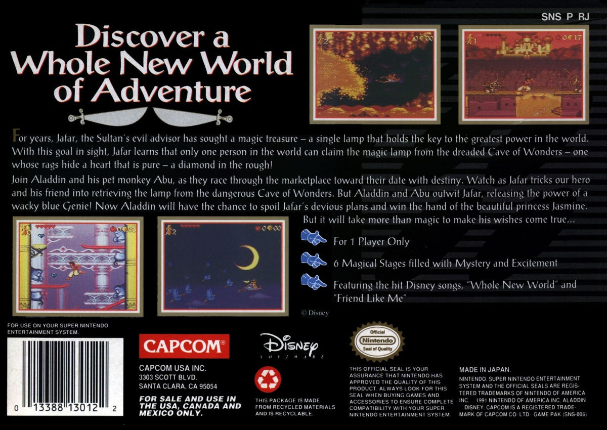 Disney's Aladdin Super Nintendo Entertainment System SNES for action platforming video game fans featuring classic Disney adventure side scrolling gameplay vibrant animated visuals sword combat platforming challenges memorable movie inspired levels family friendly retro gaming collectible gaming appeal back cover art