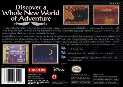 Disney's Aladdin Super Nintendo Entertainment System SNES for action platforming video game fans featuring classic Disney adventure side scrolling gameplay vibrant animated visuals sword combat platforming challenges memorable movie inspired levels family friendly retro gaming collectible gaming appeal back cover art