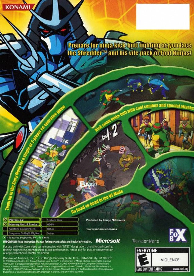 Teenage Mutant Ninja Turtles TMNT Platinum Hits Xbox classic arcade beat em up game four player cooperative brawler featuring Leonardo Donatello Michelangelo Raphael and villains Shredder Krang back cover