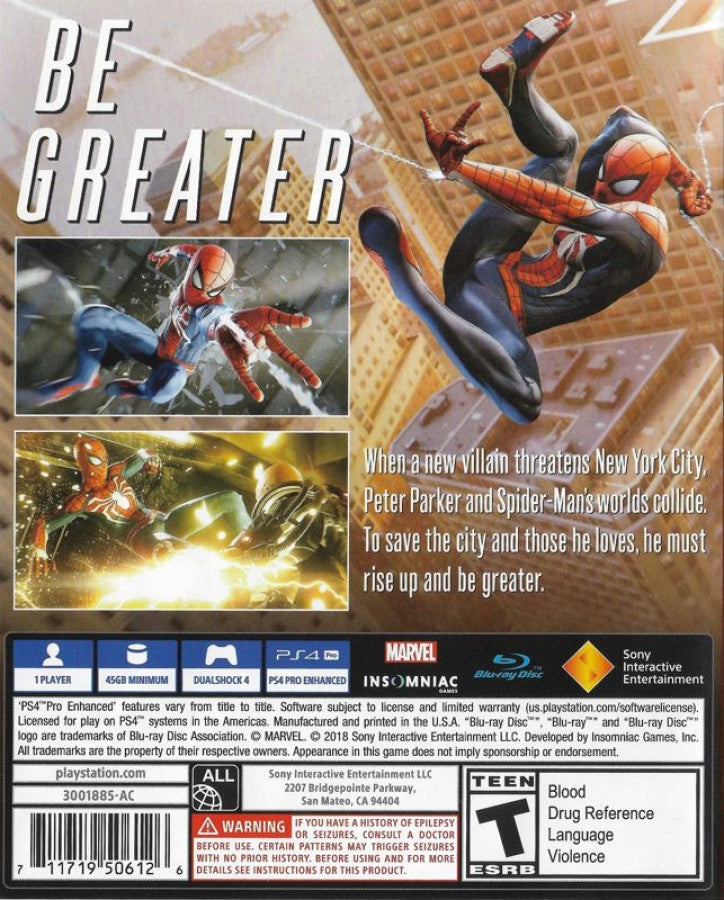 Marvel Spider-Man – PlayStation 4 (PS4) video back of case, action adventure game