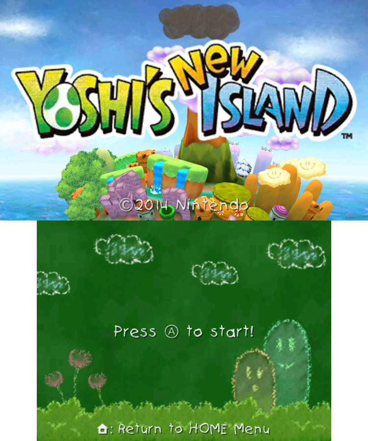 Yoshi's New Island start screen for Nintendo 3DS (3DS) platformer video game