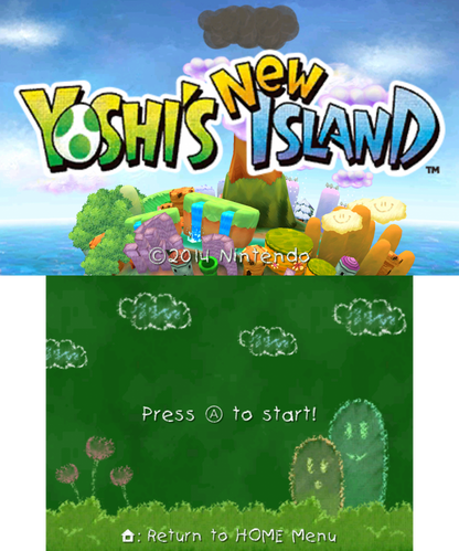 Yoshi's New Island start screen for Nintendo 3DS (3DS) platformer video game