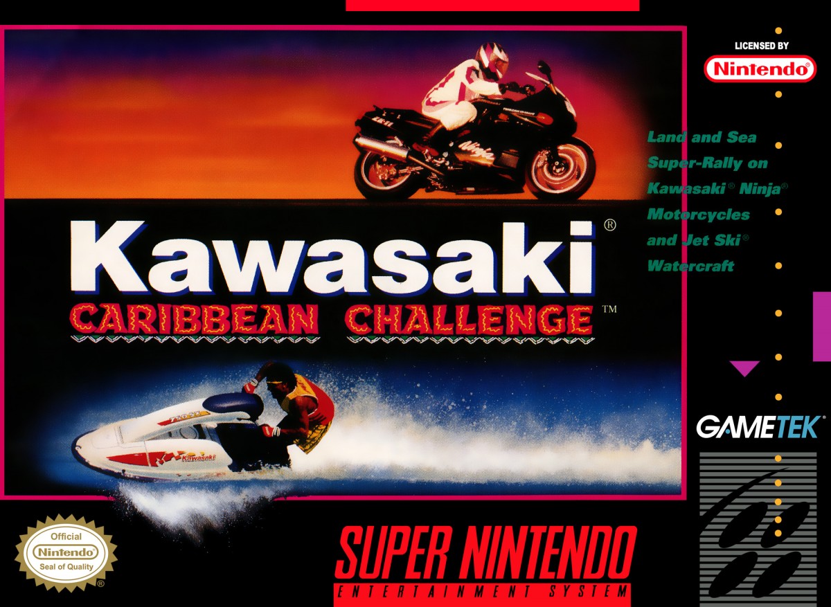 Kawasaki Caribbean Challenge Super Nintendo Entertainment System SNES racing video game featuring off-road motorcycle racing tropical Caribbean environments challenging courses high-speed driving jumps sharp turns and classic Super Nintendo Entertainment System SNES gameplay collectible retro gaming appeal cover art