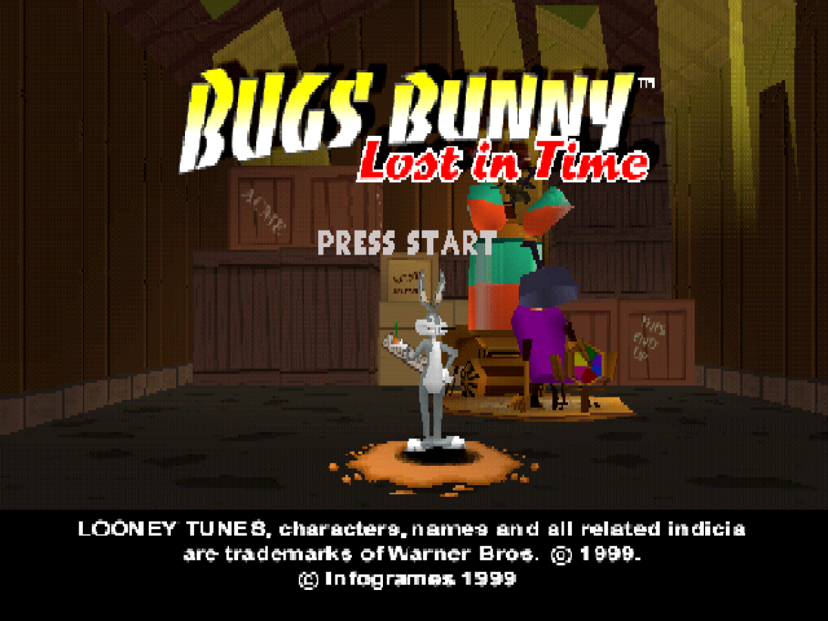 Bugs Bunny: Lost in Time game for the PlayStation featuring 3D platforming gameplay with time travel mechanics puzzle solving collectible items and cartoon themed levels as Bugs Bunny travels through different historical eras to return home gameplay