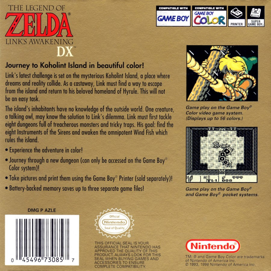 The Legend of Zelda Link's Awakening DX Game Boy Color GBC for retro video game enthusiasts featuring action adventure gameplay classic dungeon exploration puzzle solving memorable characters top down combat item based progression and collectible gaming appeal back cover