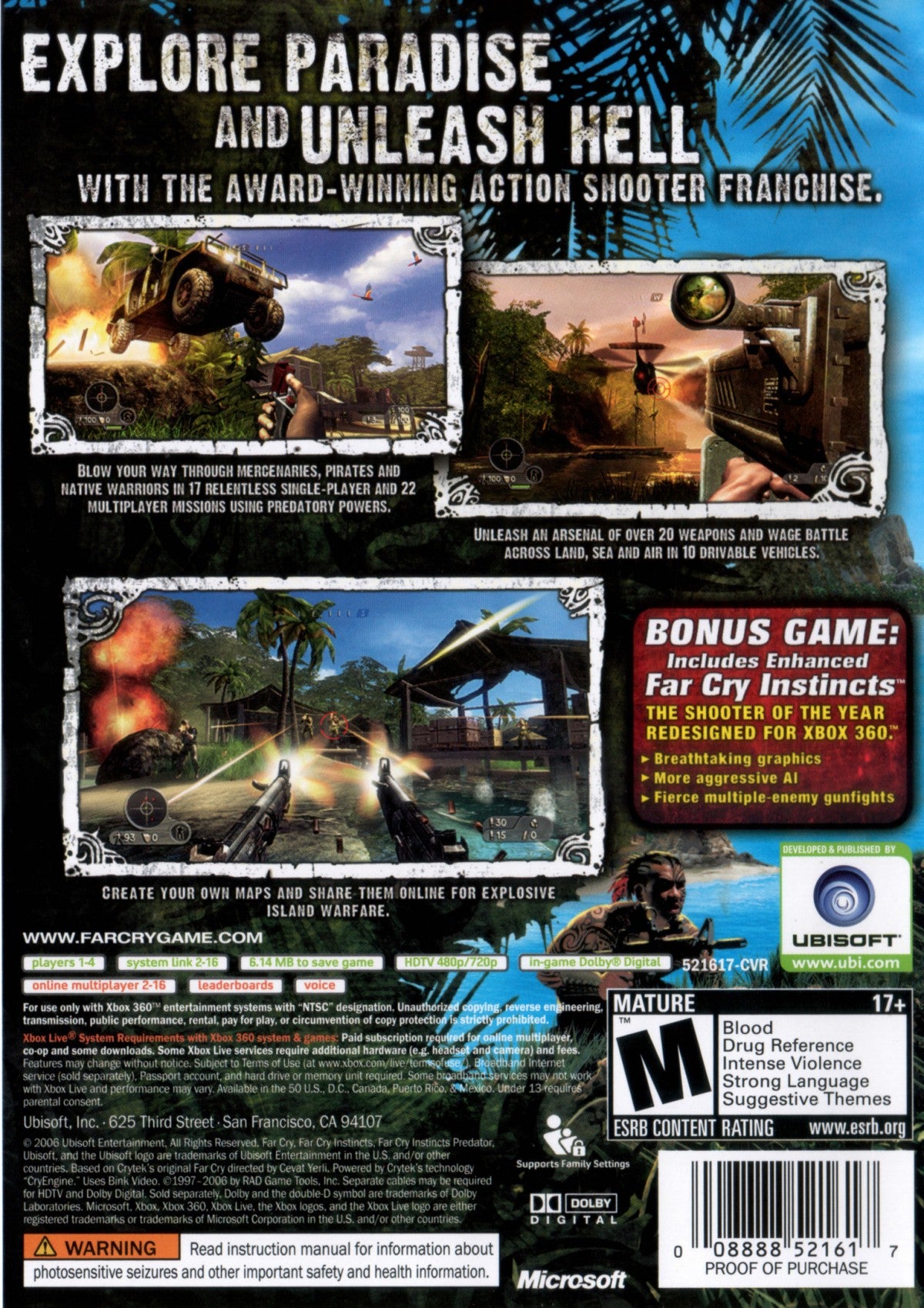 Far Cry Instincts Predator Xbox 360 first person shooter featuring open ended tropical island environments enhanced predator abilities stealth and action gameplay vehicle combat multiplayer modes and intense survival combat by Ubisoft back cover