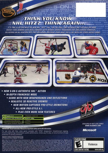 NHL Hitz Pro Xbox featuring realistic hockey gameplay with dynamic action back cover art