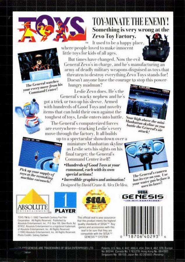 Toys back cover art for Sega Genesis (GEN) video game