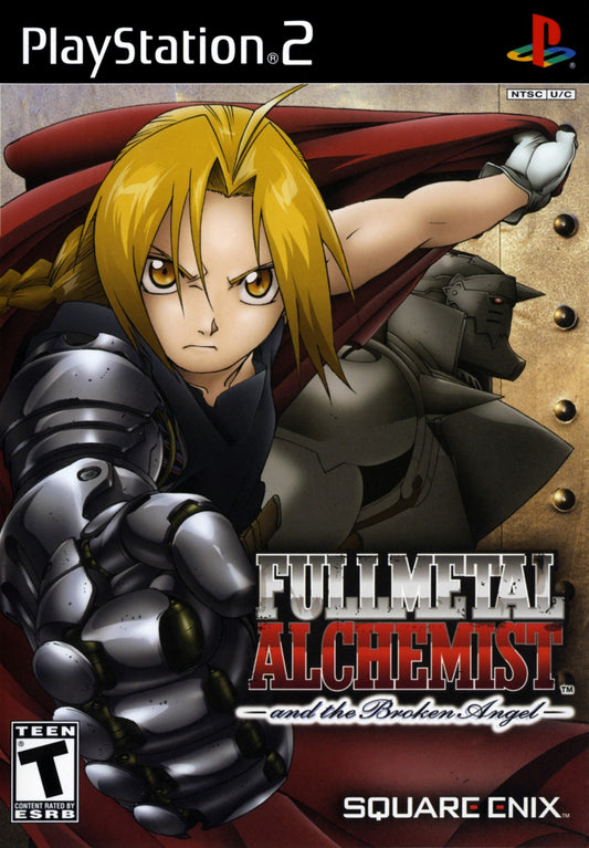 Retro Fullmetal Alchemist and the Broken Angel PS2 inspired design featuring anime action RPG aesthetic vintage PlayStation 2 adventure alchemy powered combat Edward Elric Alphonse Elric fantasy steampunk world nostalgic anime game presentation cover art