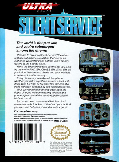 Silent Service Nintendo Entertainment System NES for retro video game enthusiasts featuring World War II submarine simulation gameplay strategic naval combat realistic mission objectives tactical resource management classic military action and collectible gaming appeal back cover
