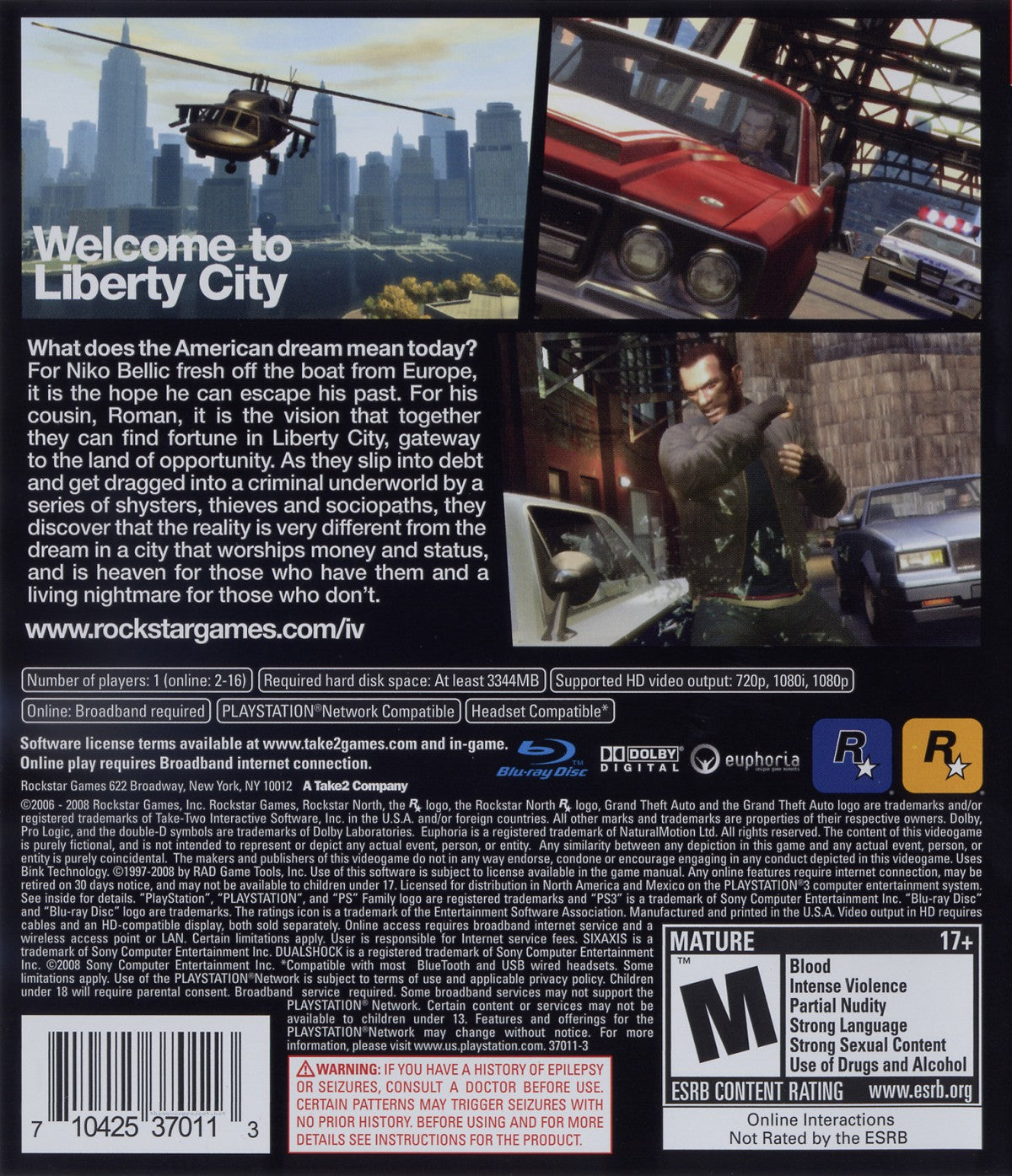 Grand Theft Auto IV PlayStation 3 PS3 video game, open-world action adventure, crime-driven storyline, sandbox gameplay, console title back cover