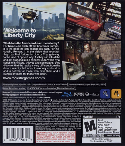 Grand Theft Auto IV PlayStation 3 PS3 video game, open-world action adventure, crime-driven storyline, sandbox gameplay, console title back cover