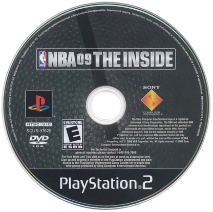 NBA 09 The Inside game for the PlayStation 2 featuring basketball gameplay with NBA teams and players story driven career mode quick play options and realistic on court action disc