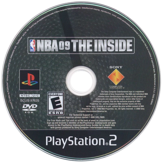 NBA 09 The Inside game for the PlayStation 2 featuring basketball gameplay with NBA teams and players story driven career mode quick play options and realistic on court action disc