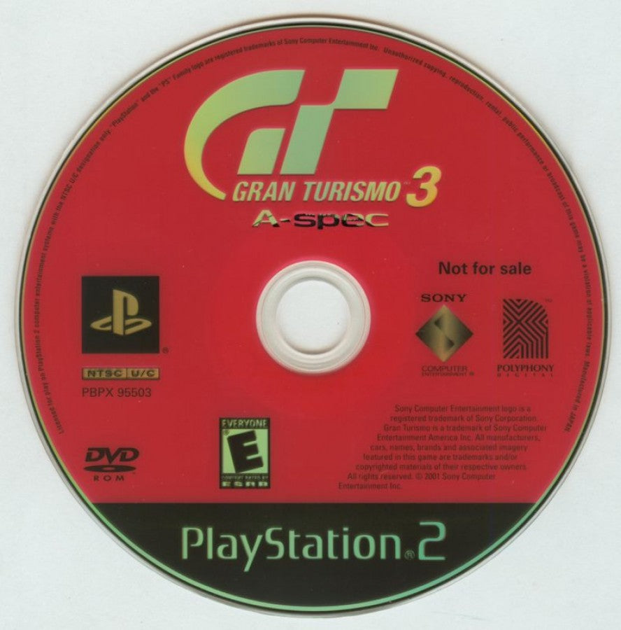 Retro Gran Turismo 3 Not for Resale PS2 inspired design featuring realistic driving simulation aesthetic vintage PlayStation 2 high performance sports cars detailed racing circuits authentic motorsport experience Polyphony Digital gameplay nostalgic racing presentation - disc