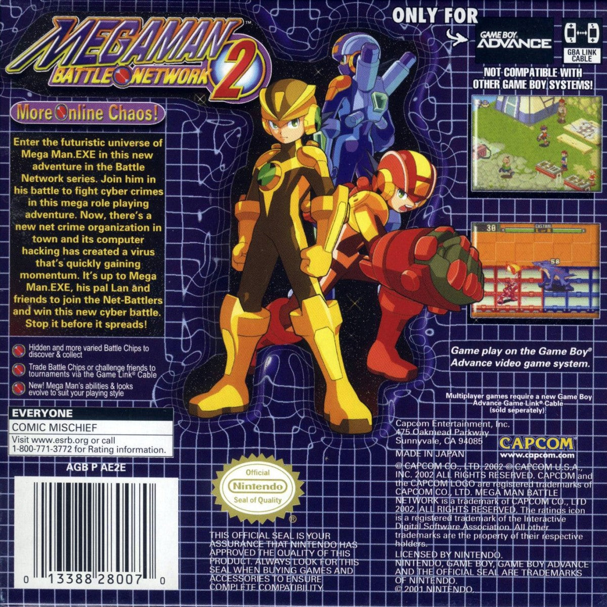 Mega Man Battle Network 2 Game Boy Advance GBA video game, action RPG, tactical grid-based combat, classic Capcom handheld title back cover art