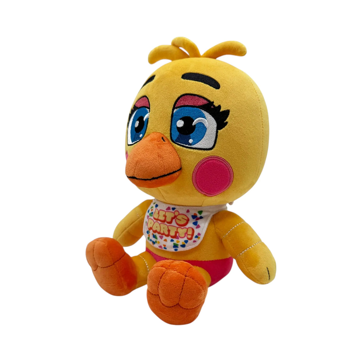 Toy Chica 9 Inch Plush collectible Five Nights at Freddy's FNAF character plush featuring Toy Chica soft plush construction bright yellow chicken design pink bib and detailed character styling 9 inch size huggable collectible display item video game merchandise and gaming collectible appeal right side