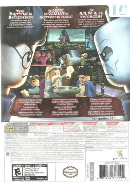 LEGO Harry Potter Years 5 to 7 Nintendo Wii game featuring action adventure gameplay based on the final Harry Potter films with spell casting puzzle solving cooperative multiplayer character unlocks and LEGO style humor across Hogwarts and beyond back cover art