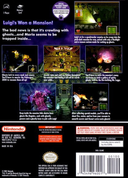 Luigi's Mansion back of case for GameCube (GC) action-adventure horror video game
