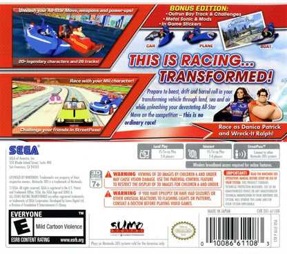 Sonic & All-Stars Racing Transformed Nintendo 3DS 3DS for arcade racing video game fans featuring Sonic characters transforming cars boats and airplanes colorful tracks power ups drifting stunts challenging races multiplayer gameplay and fast paced SEGA racing action collectible gaming appeal back cover art