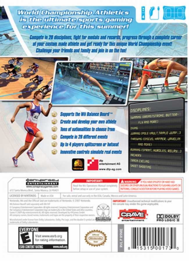 World Championship Athletics back cover art for Nintendo Wii (Wii) featuring track‑and‑field sports competition with sprinting, jumping, and throwing events, motion‑based controls, and international tournament gameplay.