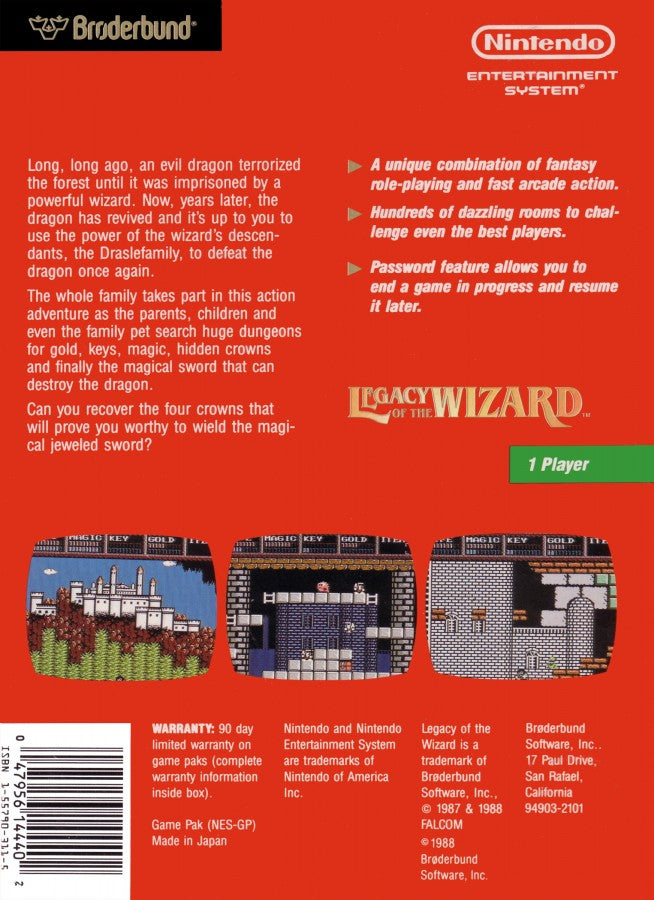Legacy of the Wizard Nintendo Entertainment System NES for retro video game enthusiasts featuring fantasy action role playing gameplay side scrolling exploration interconnected dungeon adventure puzzle solving mechanics multiple playable characters challenging platforming and collectible gaming appeal back cover 