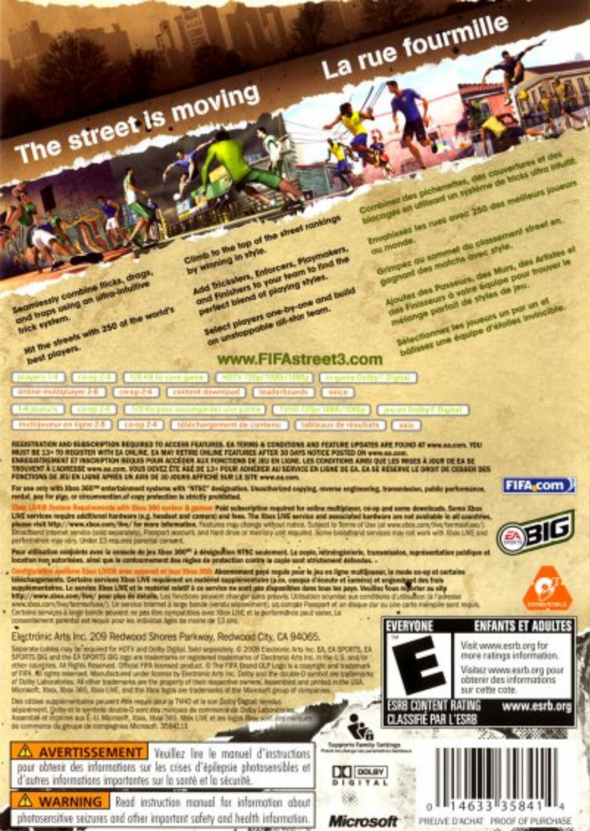 FIFA Street 3 Xbox 360 for sports video game fans featuring arcade style street soccer gameplay fast paced matches trick moves freestyle skills authentic international players multiplayer competition vibrant urban environments and exciting football action collectible gaming appeal back cover art