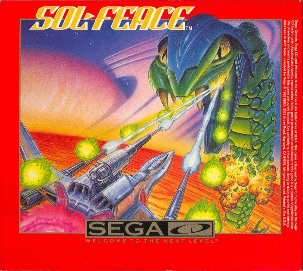Sol-Feace Sega CD shoot em up video game featuring fast-paced space combat futuristic spacecraft intense enemy waves powerful weapons boss battles scrolling action challenging stages and classic Sega CD gameplay collectible retro gaming appeal front cover art