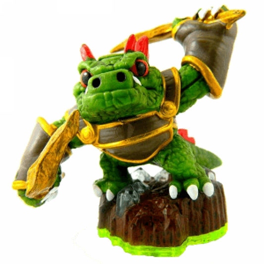 Dino-Rang Skylanders Spyro’s Adventure figure, earth element prehistoric warrior with boomerang weapons, dinosaur-like design and tribal details, posed in battle stance, detailed collectible toy on portal base from Skylanders Spyro’s Adventure series