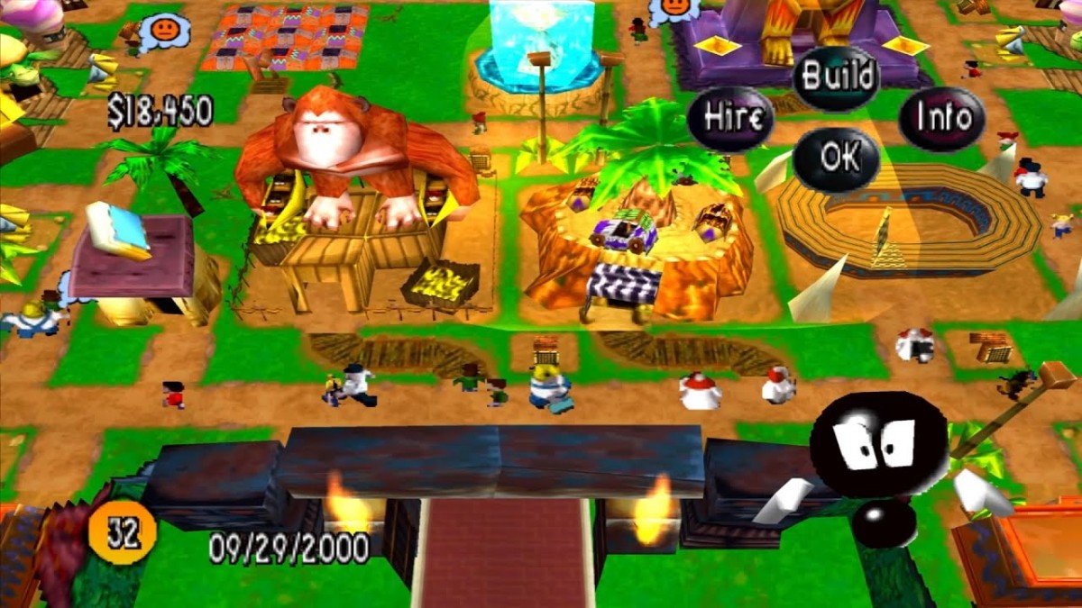 Sim Theme Park PlayStation 1 simulation video game designing and building amusement park roller coasters attractions staff management finances scenarios gameplay
